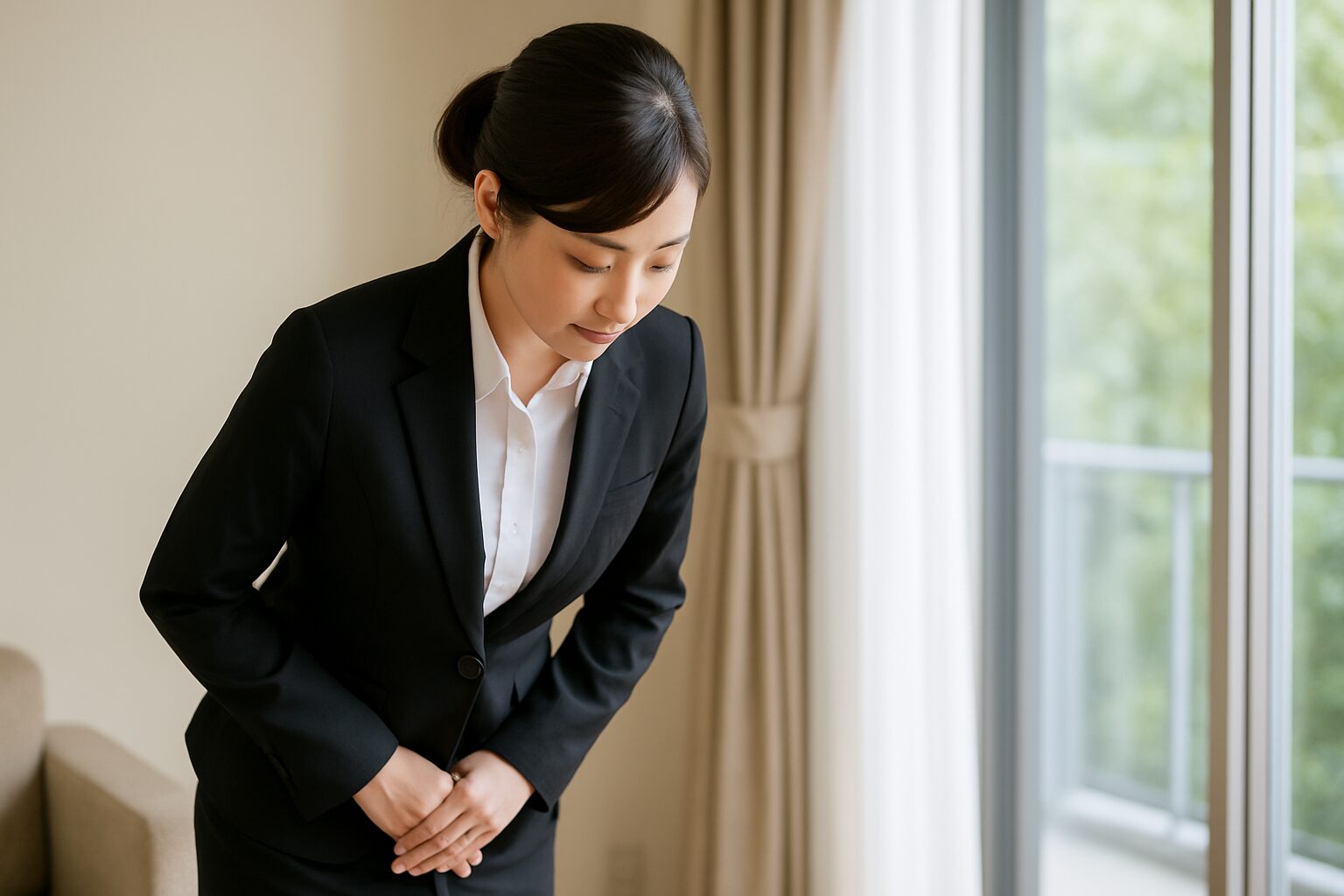 室内で丁寧にお辞儀をしているスーツ姿の日本人女性。自然光の入る窓辺で、正しい姿勢を意識した接客マナーの一場面を表現している。