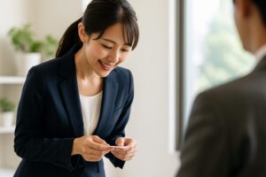 笑顔で名刺を差し出すスーツ姿の日本人女性。初対面の丁寧な対応をイメージさせるシーン。