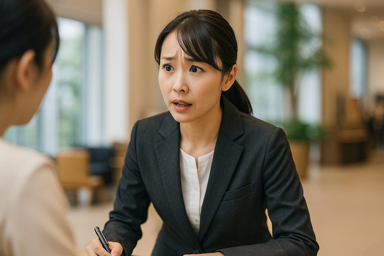 接客中、真剣な表情で相手の話に耳を傾けるスーツ姿の女性スタッフ。忙しい状況下でも丁寧に対応しようとする姿勢が伝わるシーン。