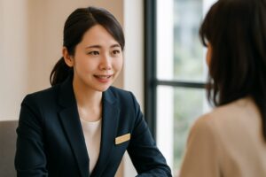 笑顔でお客様の話に耳を傾ける制服姿の女性スタッフ。窓際の明るい店内で丁寧に対応している様子。