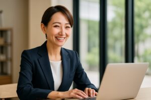 明るいオフィスで笑顔を見せながらパソコンを操作する女性スタッフ。接客準備や対応シミュレーションを行っている様子。