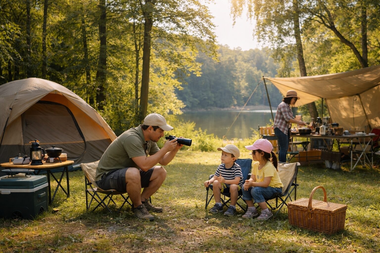 親子でキャンプを楽しむ様子。湖のそばのキャンプサイトで、テントの前に座り、自然の中で過ごす家族の風景。
