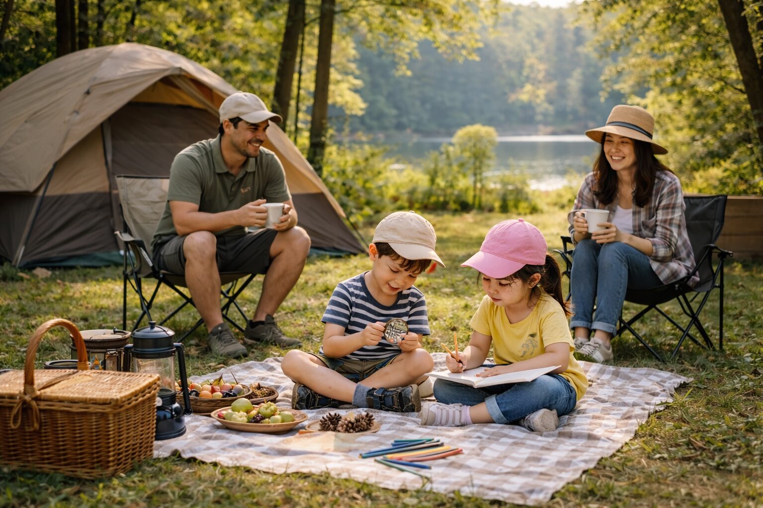 湖のそばのキャンプ場で、親子がテントの前に集まり、自然の中でそれぞれの時間を穏やかに過ごしている様子。