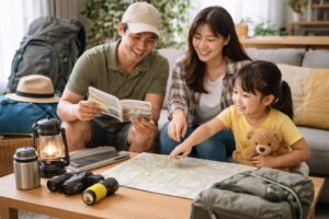 自宅で親子がキャンプの計画を立てている様子。地図や道具を広げ、家族で話し合いながら準備をしている風景。