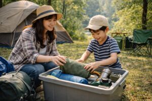 キャンプ場で親子が一緒に道具を整理している様子。小学生の子どもと大人が協力しながら準備をしている風景。