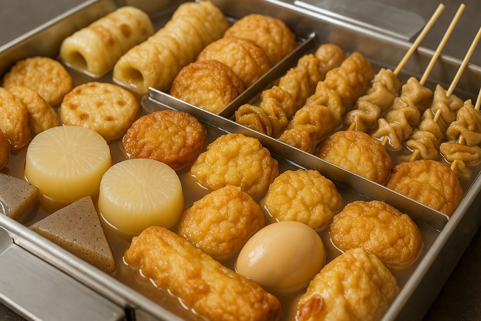 コンビニのおでん鍋に並ぶ、だいこん・玉子・ちくわ・こんにゃくなど様々な具材。温かいつゆに浸り、湯気が立ち上る様子