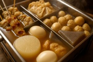 コンビニのおでん鍋に並ぶ大根、玉子、こんにゃく、餅入り巾着など多彩な具材。湯気が立ち上り、温かみのある雰囲気