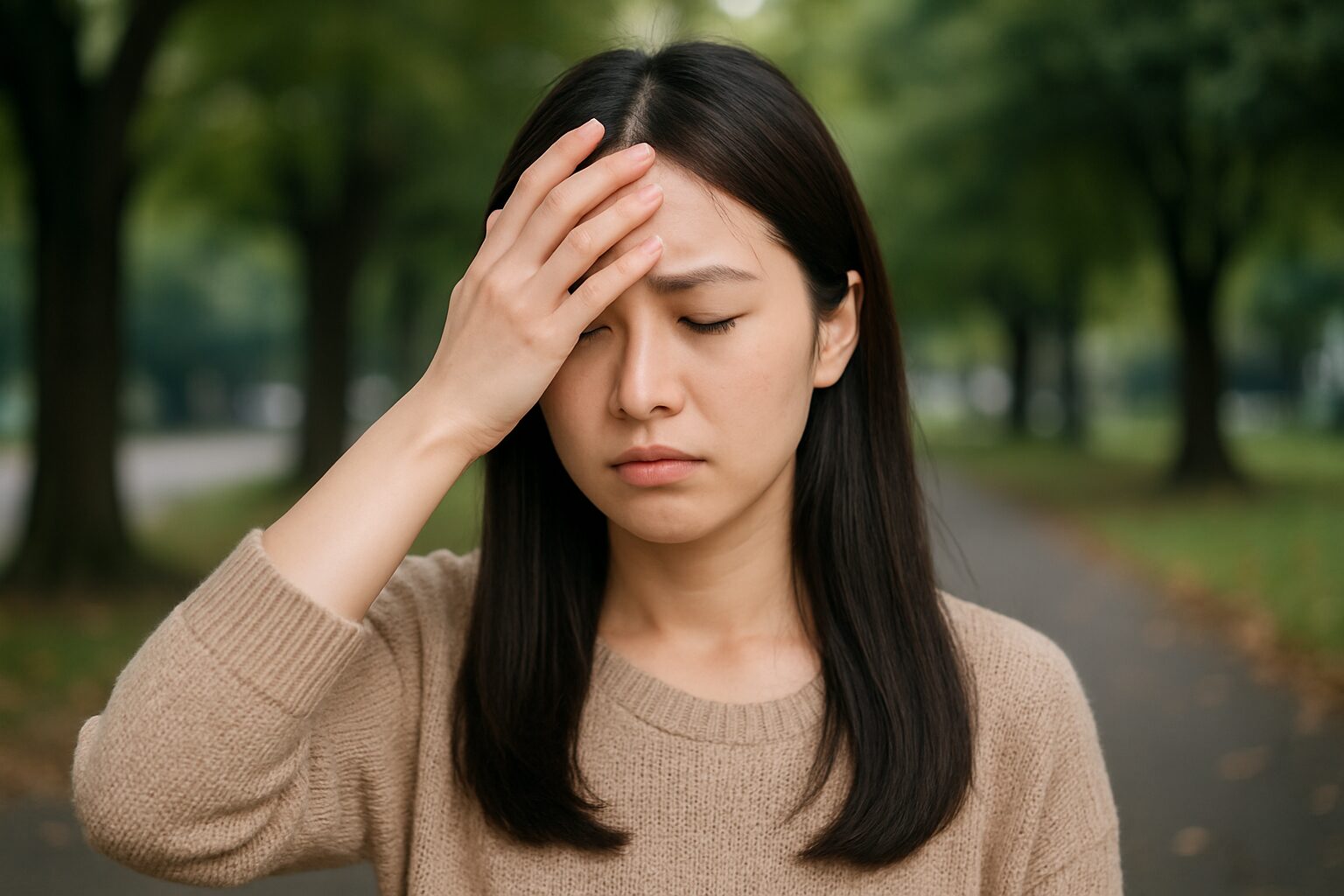 屋外で額に手を当てて考え込む若い女性の写真。考え事や注意散漫の様子を表現している。