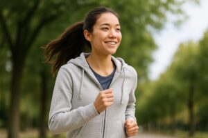 緑あふれる公園を笑顔でジョギングする若い女性の写真。リフレッシュの様子を表している。