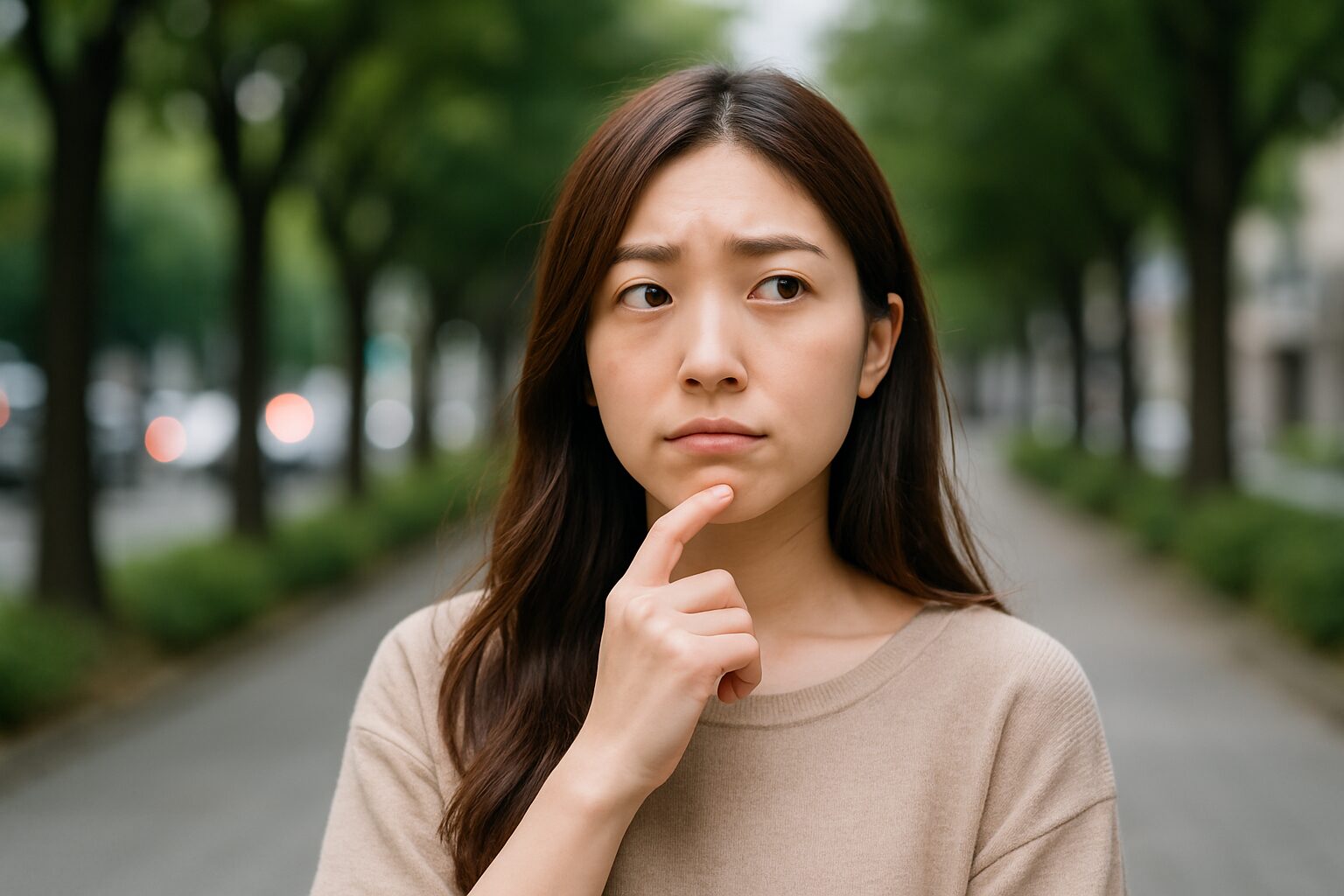 道沿いで考え込むように立つ若い女性の写真。言葉の使い分けについて思案しているような表情。