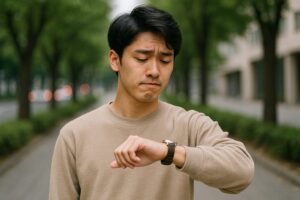 腕時計を見ながら時間を気にする若い男性の写真。何かが迫っている状況を表現している。
