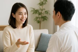 リビングで会話する男女の写真。自然なやりとりの中で語感の違いを意識している様子。