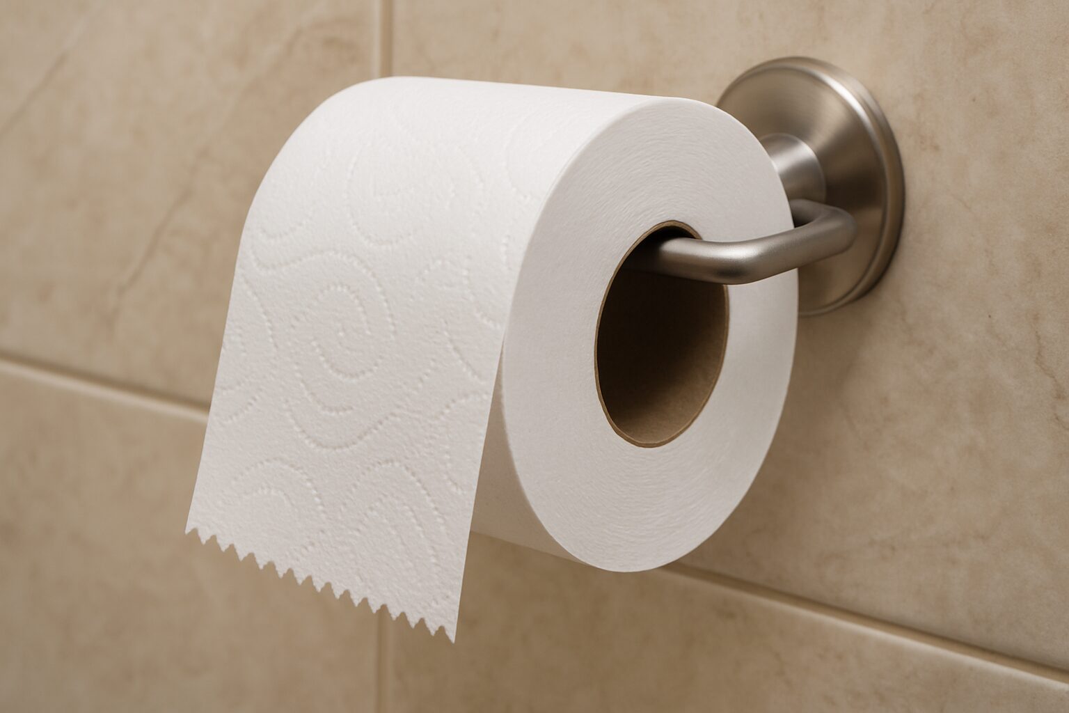 ホルダーに設置されたトイレットペーパーのロール。ミシン目のギザギザがはっきりと見える。