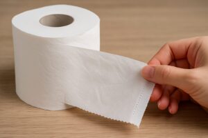 トイレットペーパーを手でミシン目に沿って切ろうとしている様子。