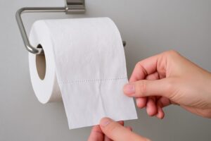 トイレットペーパーのミシン目に沿って丁寧にちぎる手元の様子。