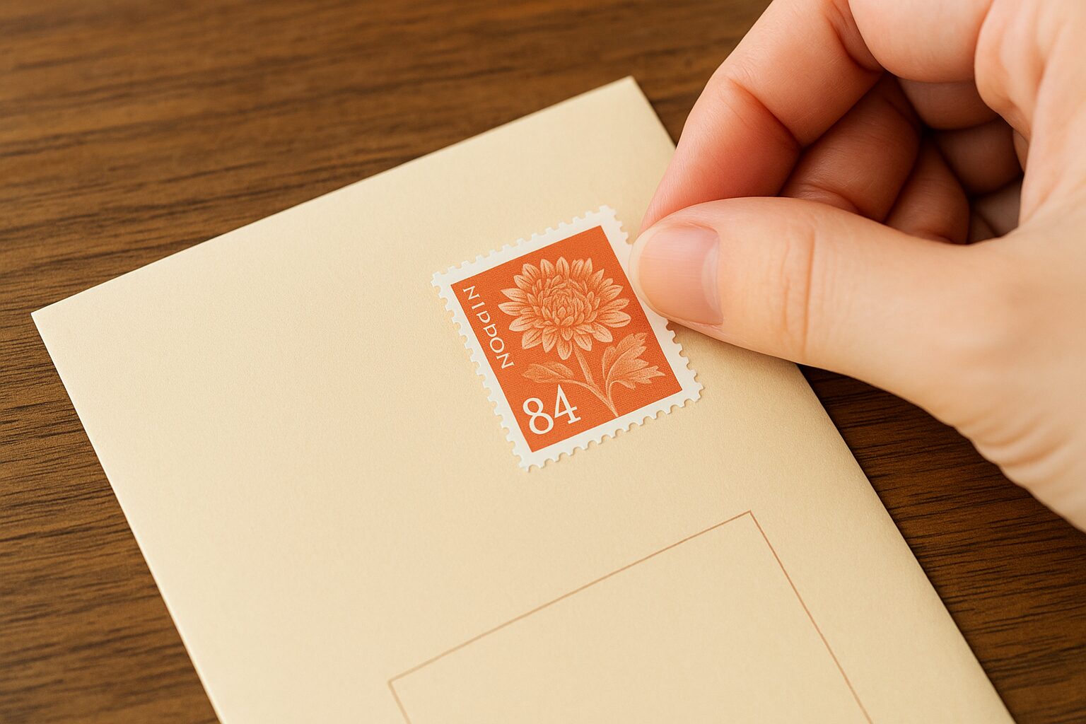 封筒の右上に84円切手を丁寧に貼る手元の様子