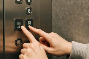 エレベーターの「閉」ボタンと「開」ボタンを指で操作している手元の様子。