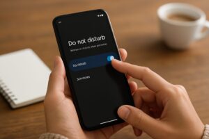 スマートフォンの画面で「おやすみモード(Do not disturb)」をオンにする手元の様子
