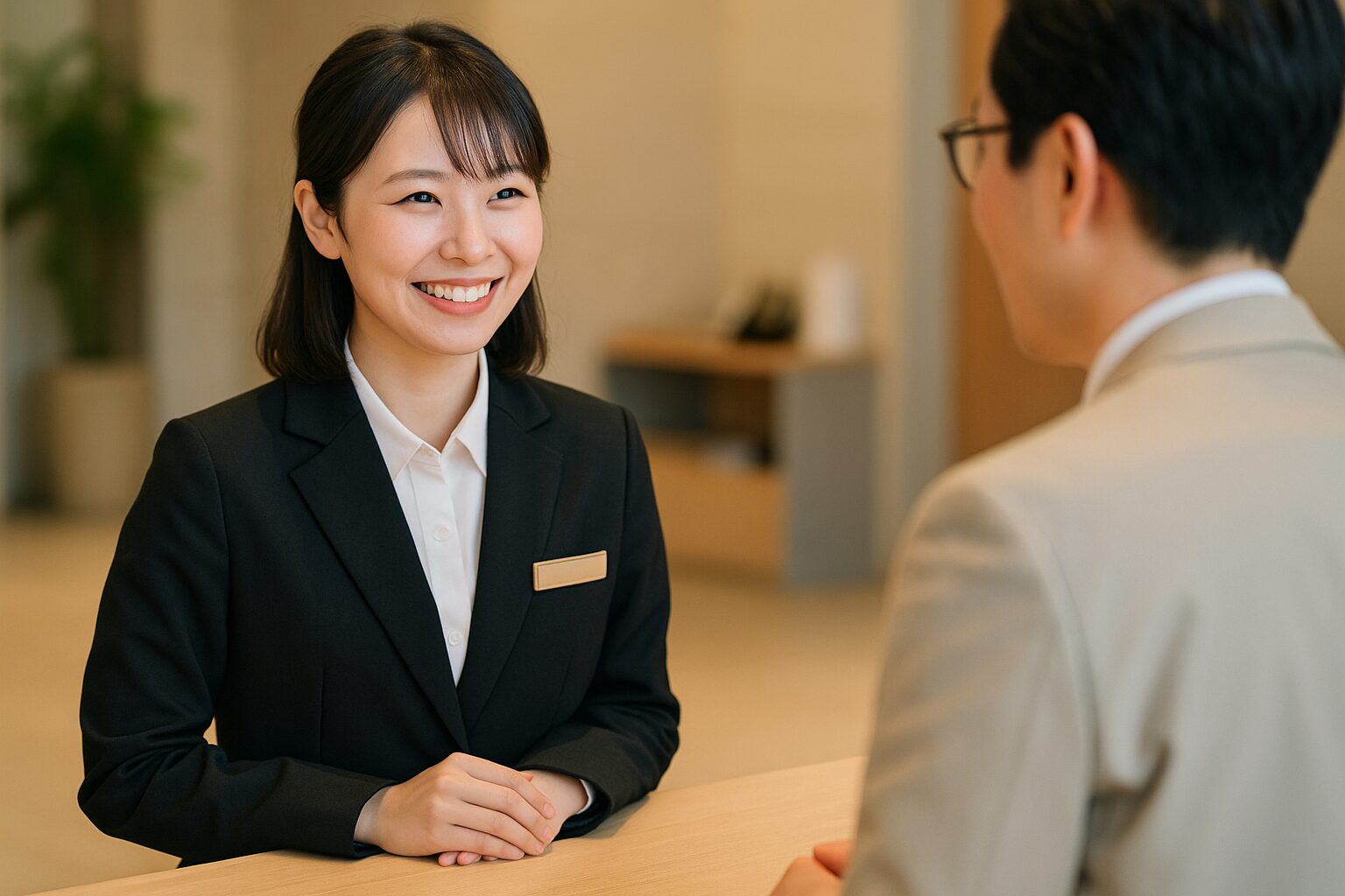 笑顔で接客する女性スタッフと、それに応えるように話を聞く男性客が写るシーン。明るく清潔感のある空間で交わされる、心地よい接客の瞬間。