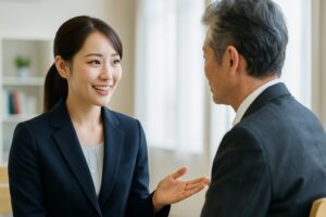 同僚に向けて明るく話しかける女性スタッフと、それを聞く年上の男性スタッフのやりとり。丁寧な伝え方を意識した接客研修中の一場面。
