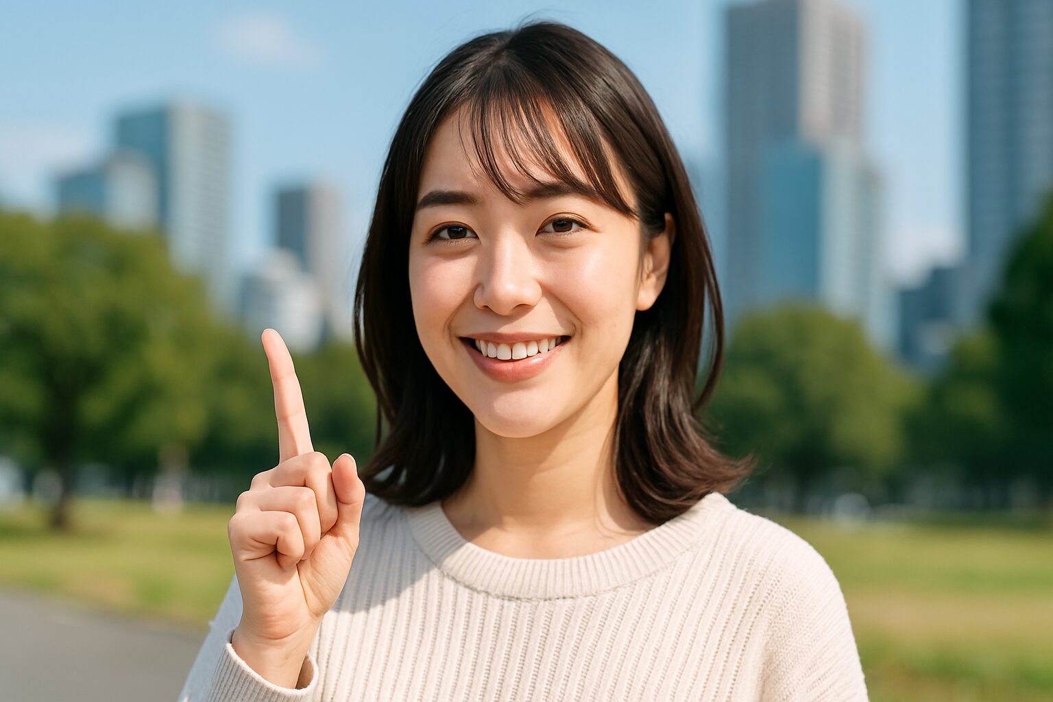 都会の公園で人差し指を立てながら笑顔を見せる若い東アジア系の女性。背景には緑の木々とビル群が広がり、晴れた空の下で明るく爽やかな雰囲気が漂う横長写真。