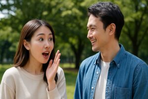 公園で笑顔を見せながら会話する若い東アジア系のカップル。女性は驚いた表情で話し、男性は穏やかに聞いている。