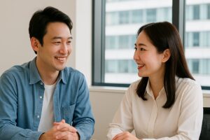 オフィスで向かい合って笑顔で会話する若い東アジア系の男女。白い壁と大きな窓を背景に、穏やかな雰囲気が漂う。