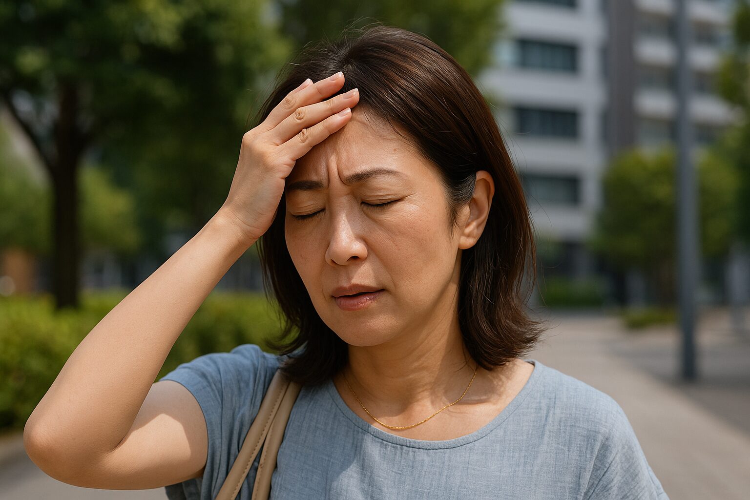 屋外で日差しを避けるように額に手を当てる女性。強い日差しによる暑さを感じている様子。