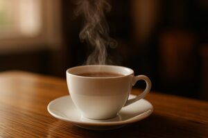 湯気の立つ白いカップに注がれた熱い紅茶のクローズアップ