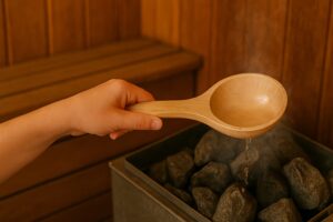木製の柄杓からサウナストーンに水を注ぐ手元のクローズアップ