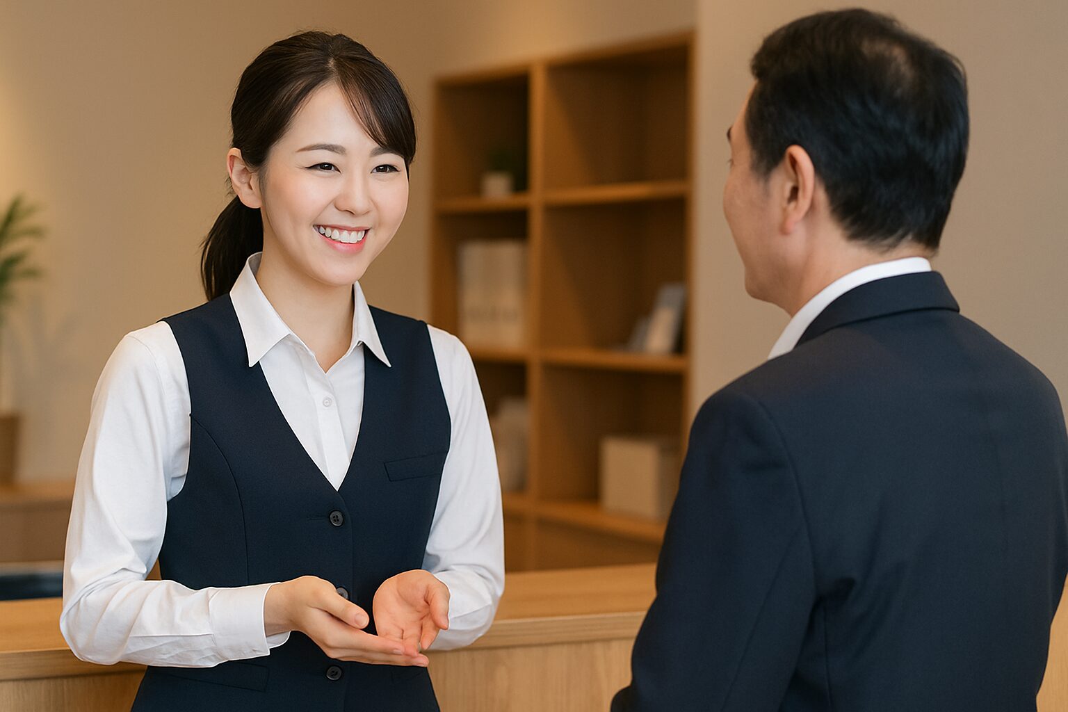 笑顔で接客する制服姿の女性スタッフが、カウンター越しにスーツ姿の男性客に丁寧に応対している様子