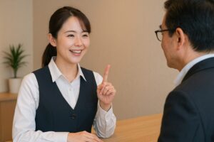 指を立てて丁寧に説明する女性スタッフと、それを聞く男性客の接客シーン