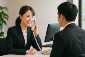 電話応対をしながら男性客に笑顔で接する女性スタッフの接客風景