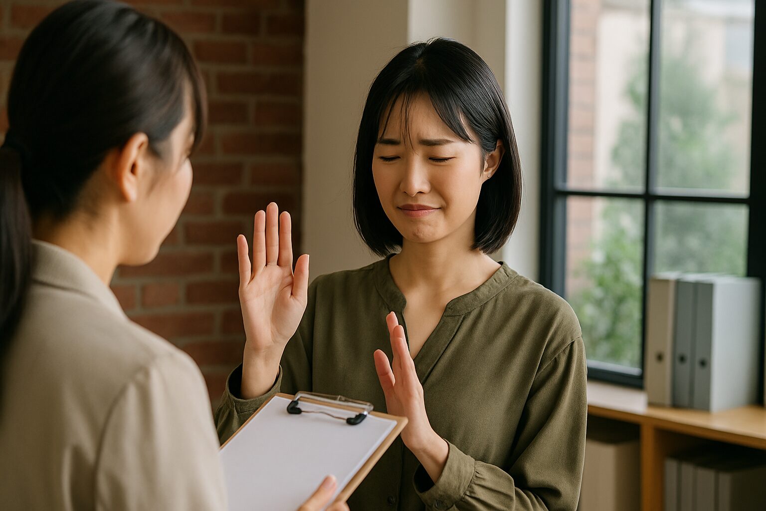 職場で同僚から何かを頼まれ、手を軽く上げてやんわりと断る若い女性の様子