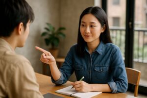 職場で同僚に対して丁寧に説明しながら断る若い女性の様子