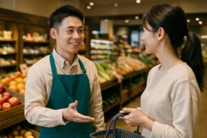従業員が店内でお客様に笑顔で対応している様子