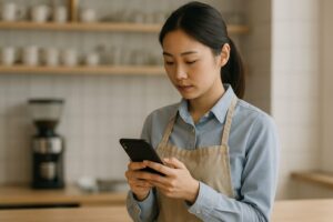 カフェで働く女性スタッフがカウンター内でスマートフォンを操作している様子