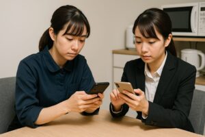 休憩室でスマートフォンを操作する制服姿とスーツ姿の女性スタッフ