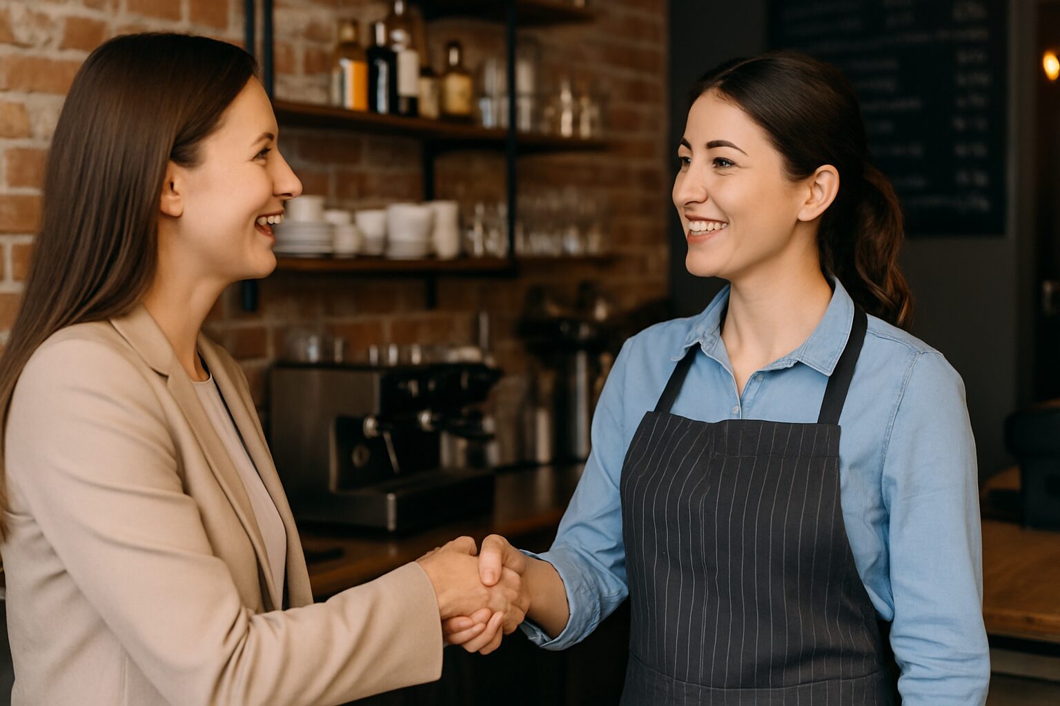 カフェで笑顔を交わしながら握手をする女性客と店員