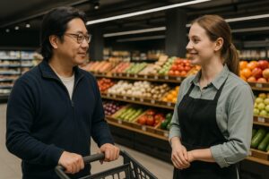 スーパーマーケットで会話する男性客と女性スタッフ