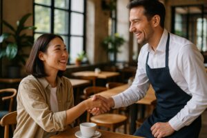 レストランで笑顔を交わしながら握手する女性客と男性スタッフ