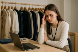 接客カウンターでうつむきながら頭に手を添え、つらそうな表情を浮かべる女性スタッフ