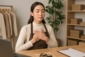 胸に手を当てて目を閉じ、静かに深呼吸する女性スタッフ