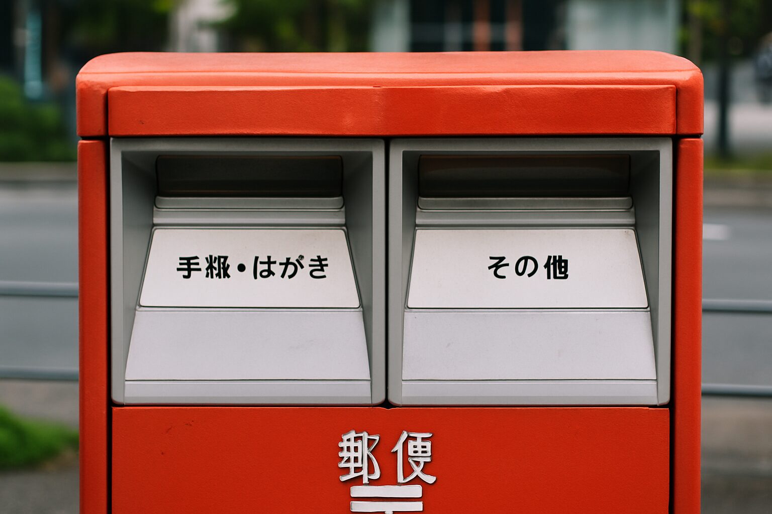 左右に投函口が分かれた赤い郵便ポストのクローズアップ写真。背景に街並みがぼんやりと映る。
