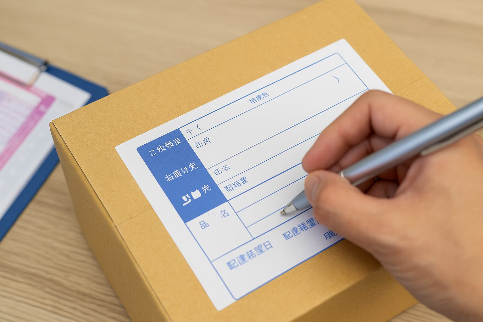 段ボール箱の伝票に品名を記入している手元の写真。青いペンと宛名欄が見える。