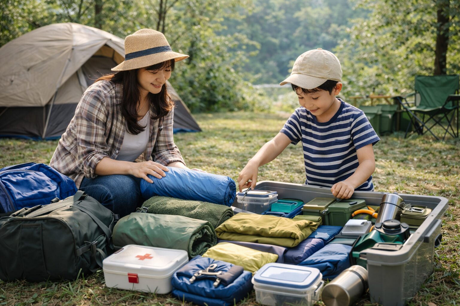 キャンプ場で親子がキャンプ用品を地面に並べて確認している様子。収納ケースや衣類などの持ち物を整理しながら、出発前の準備をしている風景。