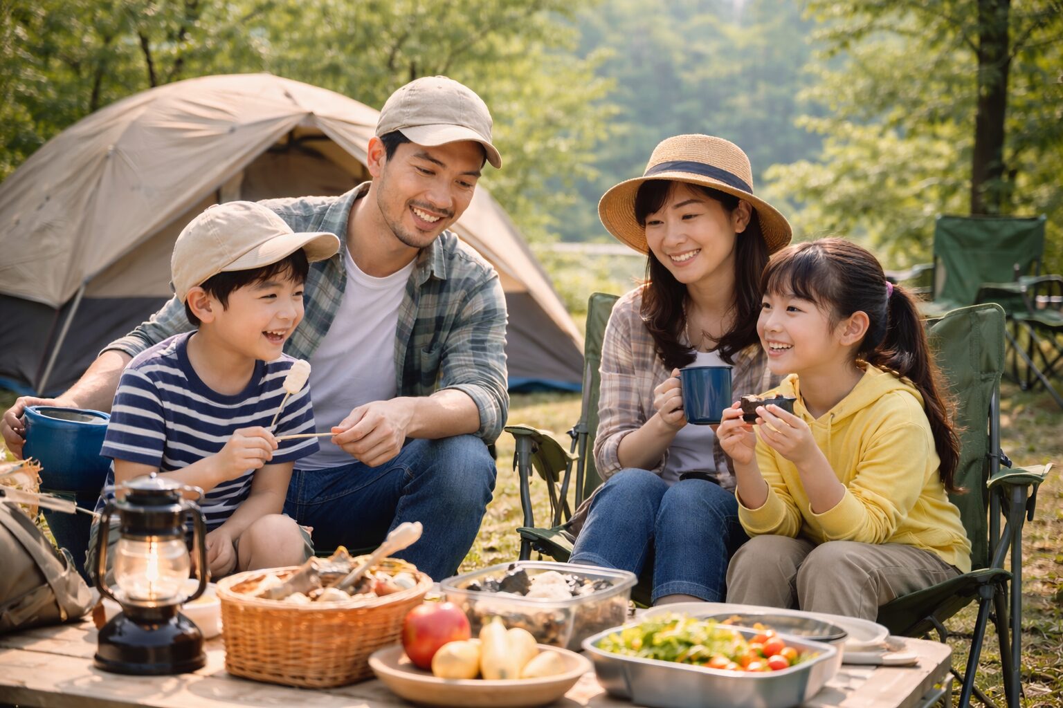 キャンプ場で家族がテントの前に集まり、自然の中で穏やかな時間を過ごしている様子。親子で会話をしながらくつろいでいる風景。