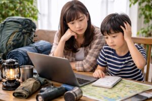 自宅のテーブルで母親と息子がノートパソコンとチェックリストを見ながら、キャンプの準備について確認している様子。
