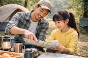 キャンプ場で父親と娘が並んで座り、周囲の自然を眺めながら会話している様子。落ち着いた雰囲気の中で一緒に時間を過ごしている風景。