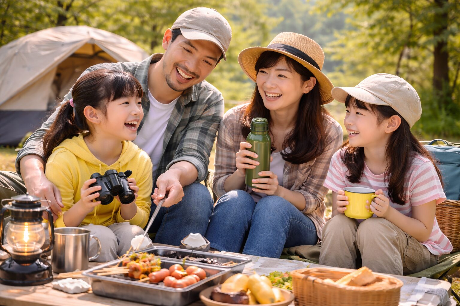 キャンプ場で父親と母親、二人の娘が一緒にテントの前で過ごしている様子。家族4人が自然の中で会話をしながら穏やかな時間を共有している風景。